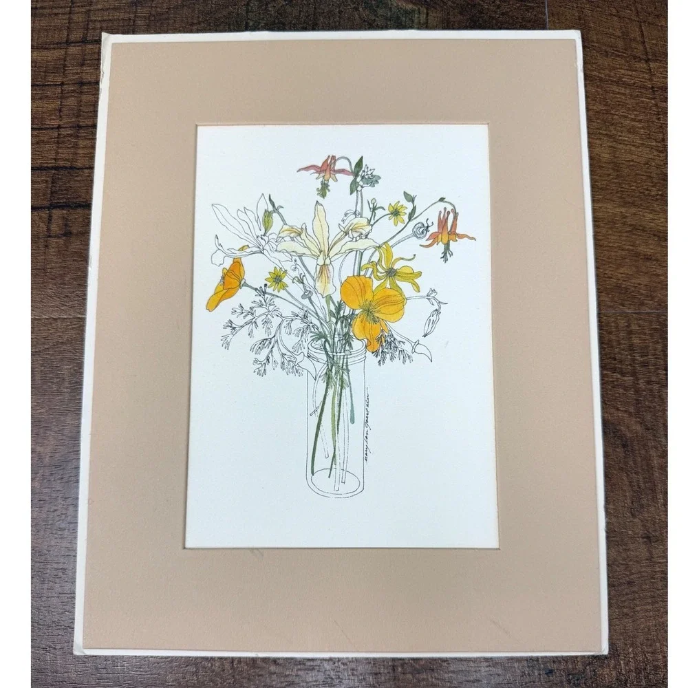 Vintage 1975 Mary Lou Goertzen Matted Lithograph Print Poppies in a Jar